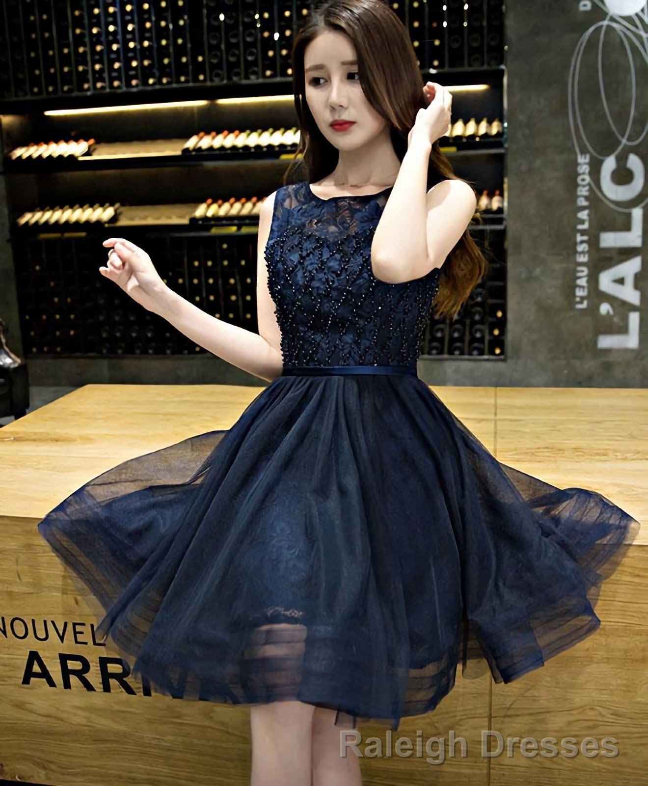 Dark Blue Lace Beading Short Prom Dress Dark Blue Evening Dress