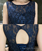 Dark Blue Lace Beading Short Prom Dress Dark Blue Evening Dress