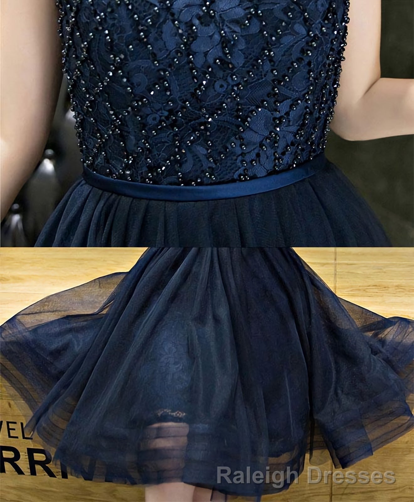 Dark Blue Lace Beading Short Prom Dress Dark Blue Evening Dress