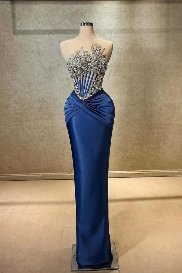 Dazzling Royal Blue Strapless Sleeveless Mermaid Prom Dresses Column Gem With Beads Main image
