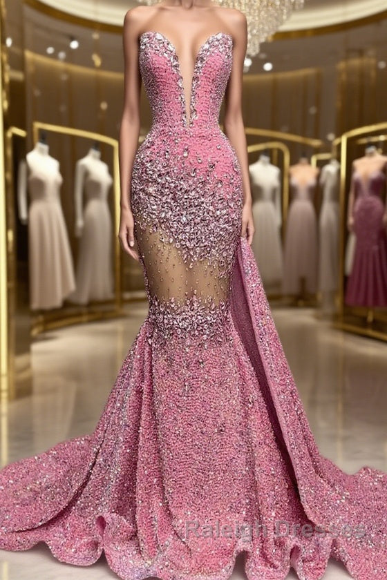 V-Neck Sequins Prom Dress Mermaid Sleeveless Crystal.