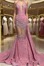 V Neck Sequins Prom Dresses Mermaid Sleeveless Crystal.