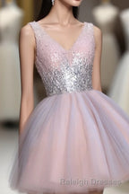 Cute Pink V Neck Tulle Seqsuins Short Prom Dresses Cocktail Dresses