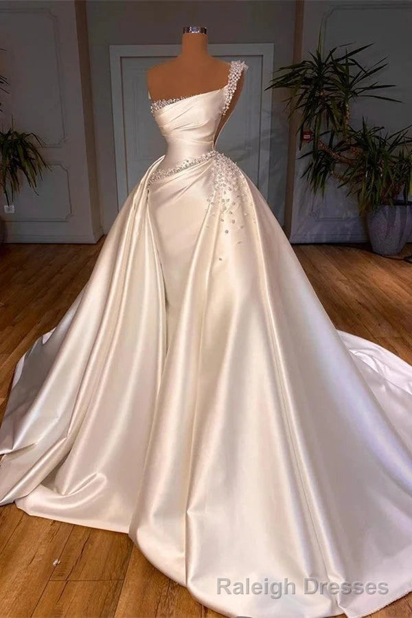 Gorgeous One Shoulder Wedding Dress Bateau A-Line With Pearl Main image
