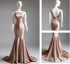 Deep Champagne Mermaid Simple Satin Long Prom Dress Backless Evening Gown
