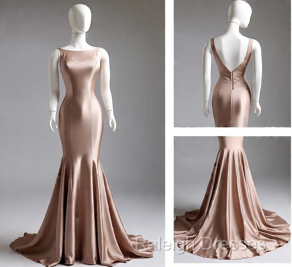 Deep Champagne Mermaid Simple Satin Long Prom Dress Backless Evening Gown