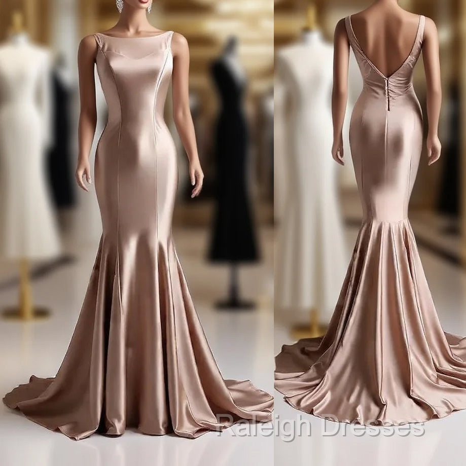 Deep Champagne Mermaid Simple Satin Long Prom Dress Backless Evening Gown