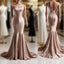 Deep Champagne Mermaid Simple Satin Long Prom Dress Backless Evening Gown