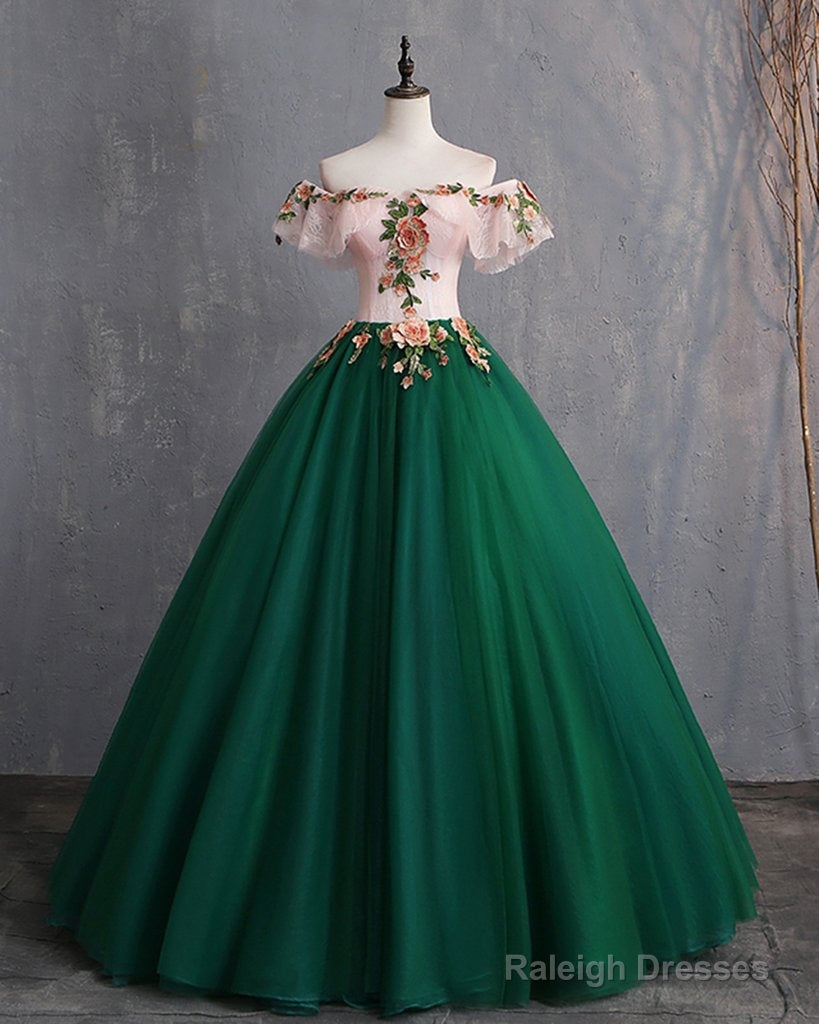 Deep Green Tulle Off Shoulder Long Customize Prom Dress, Evening Dress With Sleeve Secondary image