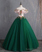 Deep Green Tulle Off Shoulder Long Customize Prom Dress, Evening Dress With Sleeve