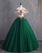 Deep Green Tulle Off Shoulder Long Customize Prom Dress, Evening Dress With Sleeve