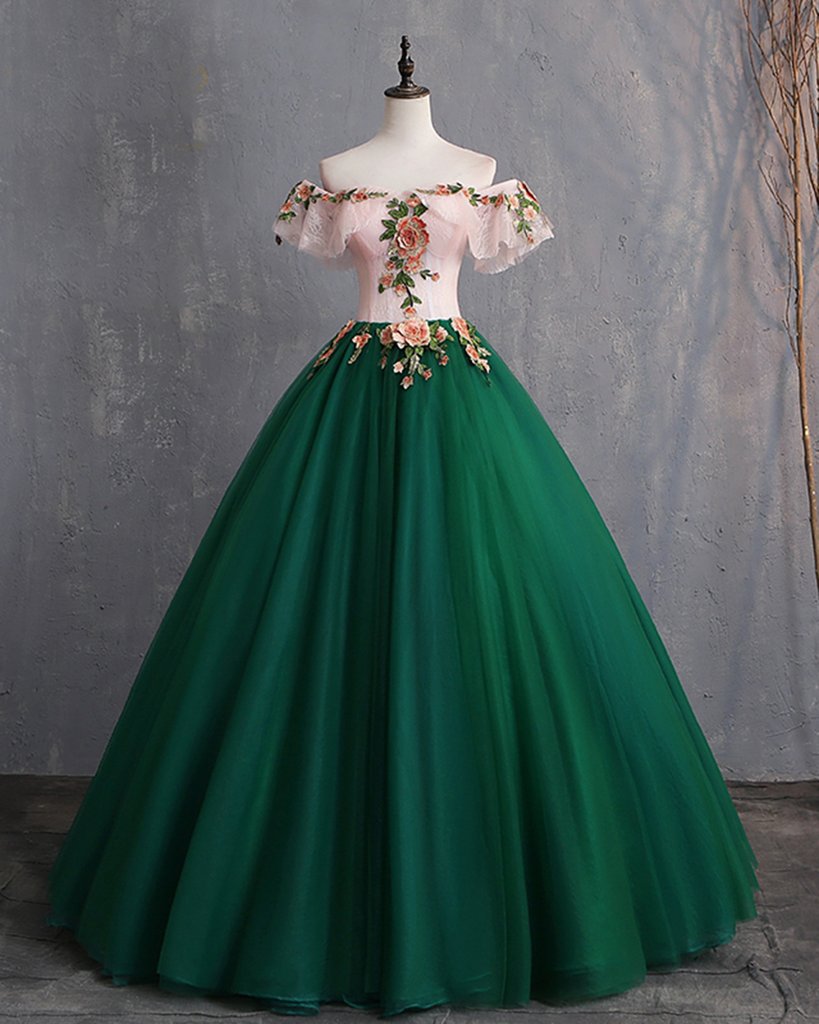Deep Green Tulle Off Shoulder Long Customize Prom Dress, Evening Dress With Sleeve