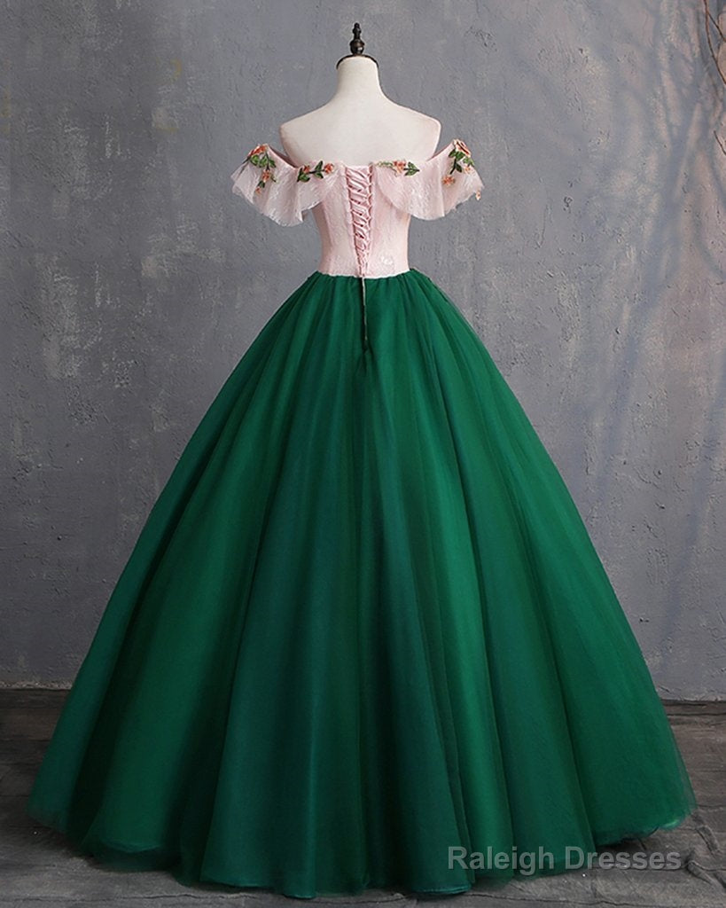 Deep Green Tulle Off Shoulder Long Customize Prom Dress, Evening Dress With Sleeve