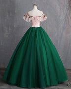 Deep Green Tulle Off Shoulder Long Customize Prom Dress, Evening Dress With Sleeve