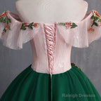 Deep Green Tulle Off Shoulder Long Customize Prom Dress, Evening Dress With Sleeve