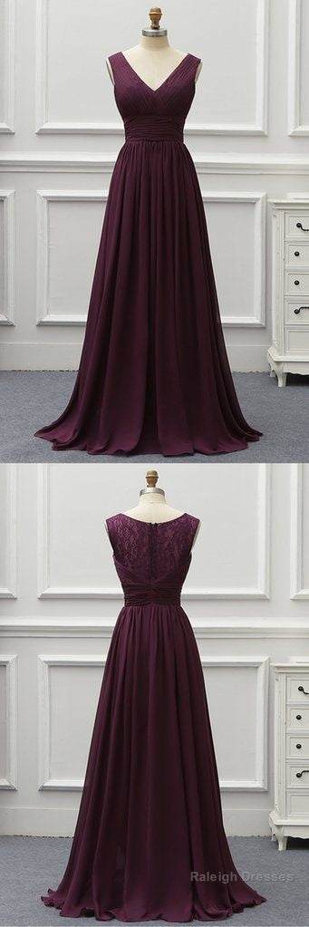 Deep Red Chiffon V Neck Long Lace Prom Dress, Evening Dress Main image