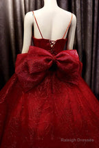 Deep Red Sparkle Beaded Thin Strap V Neck Ball Gown Wedding Dress With Bow Back, Sweep Train & Glitter Tulle Prom Dress