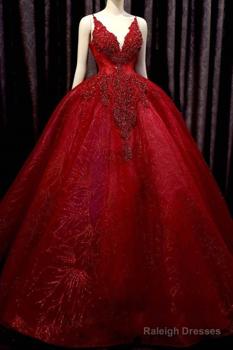 Deep Red Sparkle Beaded Thin Strap V Neck Ball Gown Wedding Dress With Bow Back, Sweep Train & Glitter Tulle Prom Dress Main image