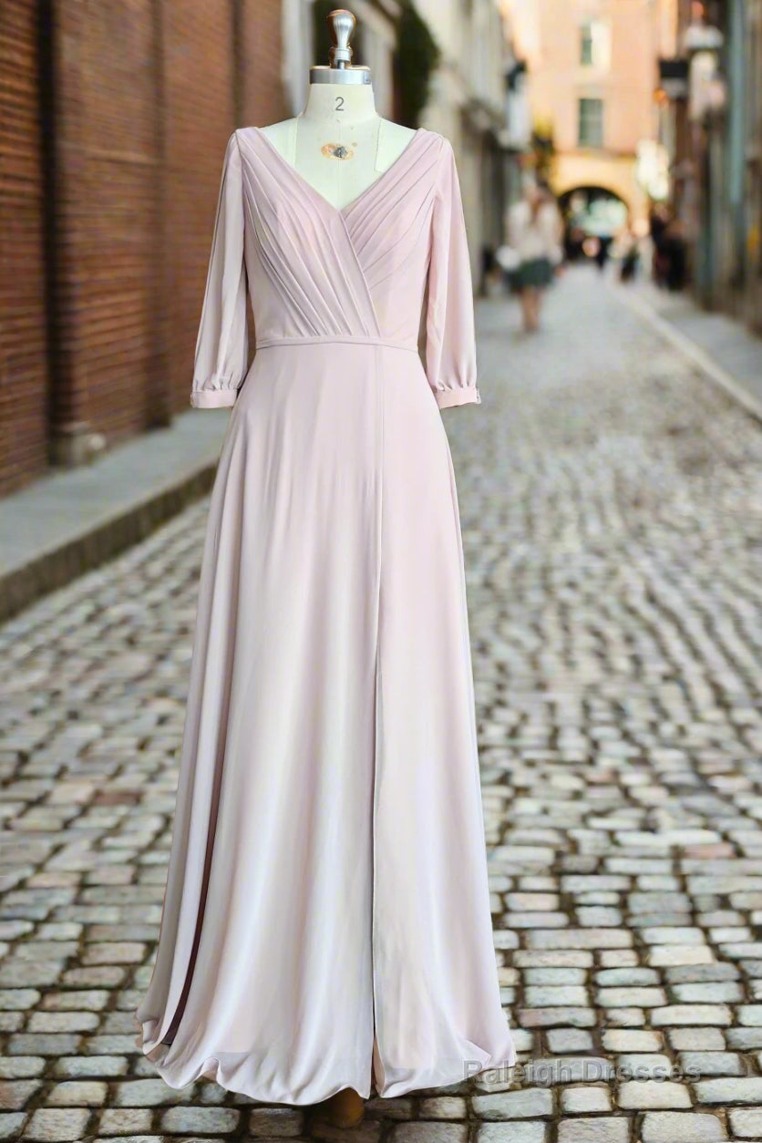 Deep V Neck 1/2 Sleeves Chiffon Max Dresses Side-Slit Floor Length Bridesmaid Dress Secondary image