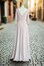 Deep V Neck 1/2 Sleeves Chiffon Max Dresses Side-Slit Floor Length Bridesmaid Dress