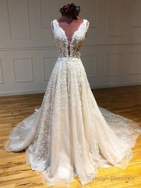 Deep V Neck And V Back Champagne Lace Long Wedding Dresses, Champagne Lace Prom Formal Evening Dresses