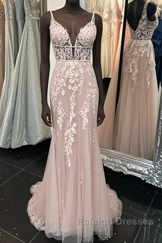Deep V Neck Backless Pink Lace Long Prom Dress, Long Pink Lace Formal Graduation Evening Dress Main image