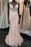 Deep V Neck Backless Pink Lace Long Prom Dresses Long Pink Lace Prom Graduation Prom Dresses