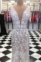 Deep V Neck Champagne Lace Prom Dresses, V Neck Champagne Lace Wedding Dresses Formal Evening Dresses