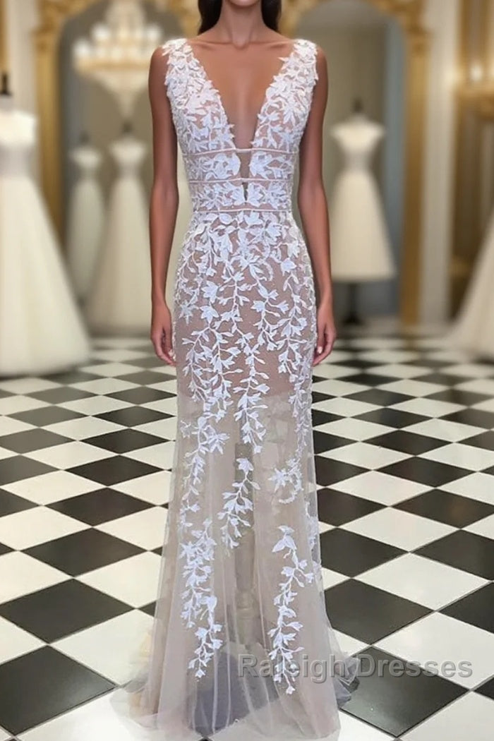 Deep V Neck Champagne Lace Prom Dresses, V Neck Champagne Lace Wedding Dresses Formal Evening Dresses Main image