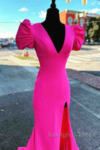 Deep V-Neck Hot Pink Mermaid Prom Dresses Long With Balloon Sleeves