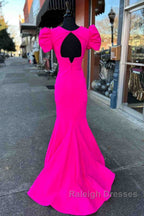 Deep V-Neck Hot Pink Mermaid Prom Dresses Long With Balloon Sleeves