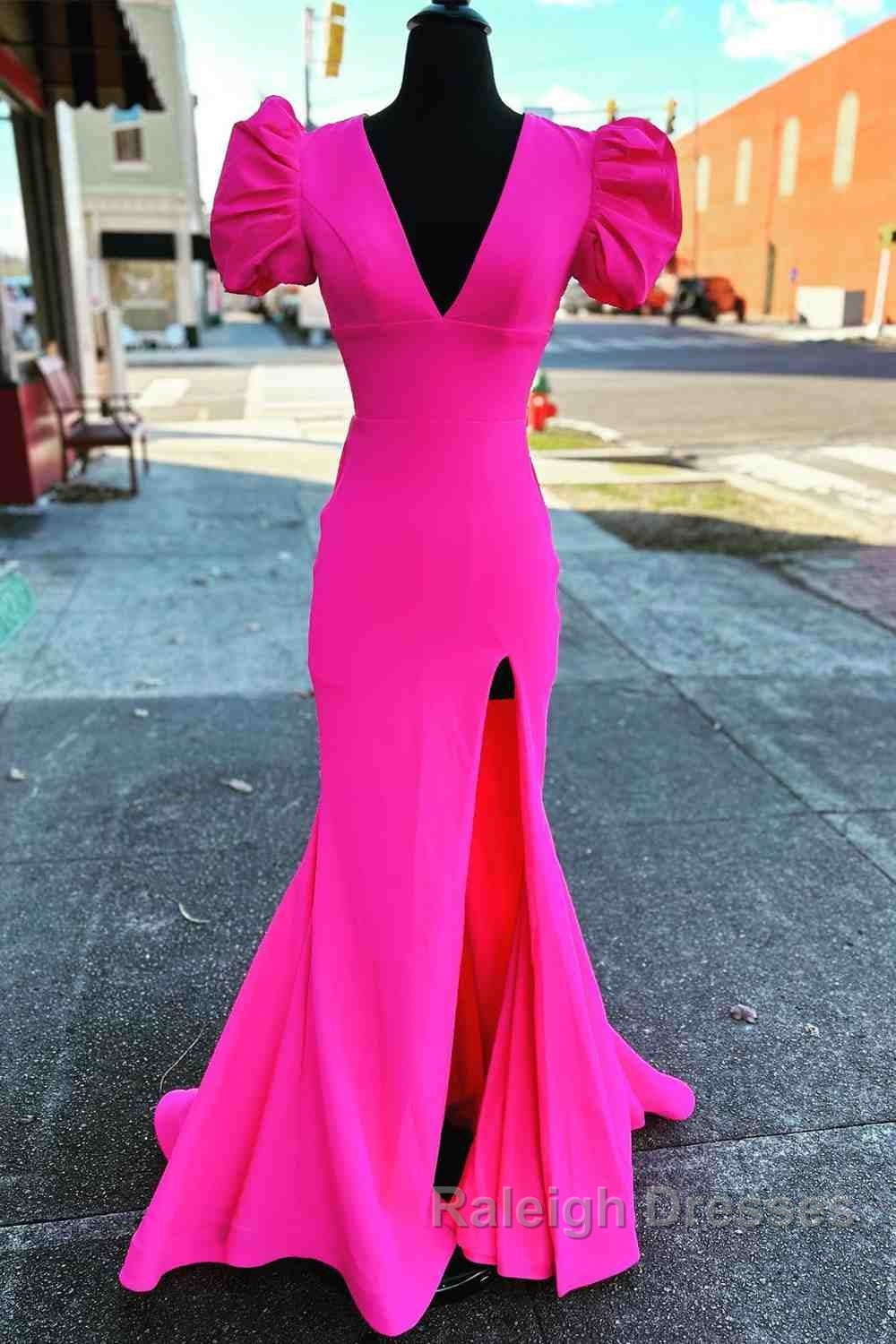 Deep V-Neck Hot Pink Mermaid Prom Dresses Long With Balloon Sleeves