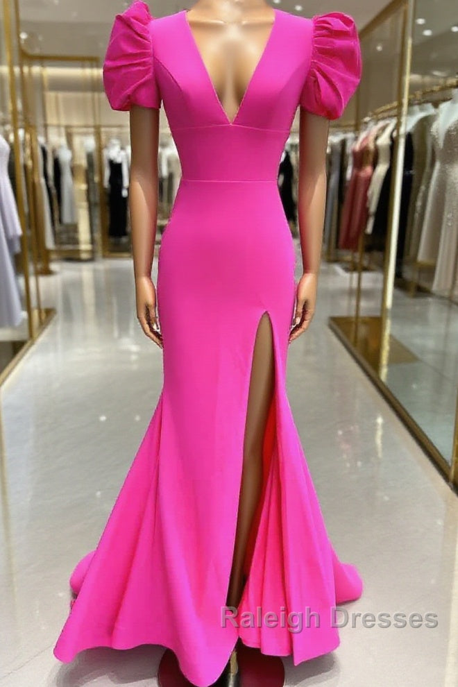 Deep V-Neck Hot Pink Mermaid Long Prom Dress With Balloon Sleeves Main image