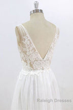 Deep V Neck Lace A Line Tulle Wedding Dresses