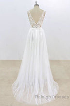 Deep V Neck Lace A Line Tulle Wedding Dresses