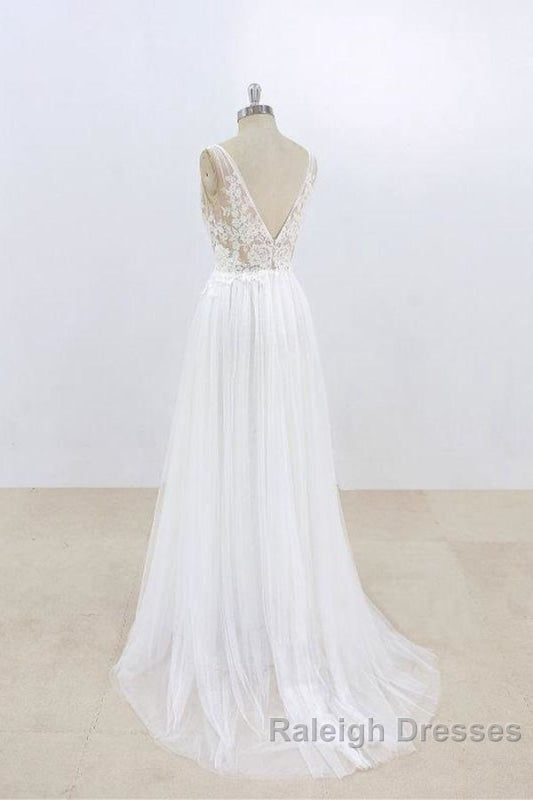 Deep V Neck Lace A Line Tulle Wedding Dresses