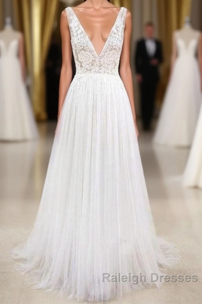 Deep V Neck Lace A Line Tulle Wedding Dresses Main image