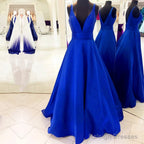 Deep V-Neck Long Satin Floor Length BallGown Prom Dress