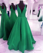 Deep V-Neck Long Satin Floor Length BallGown Prom Dress
