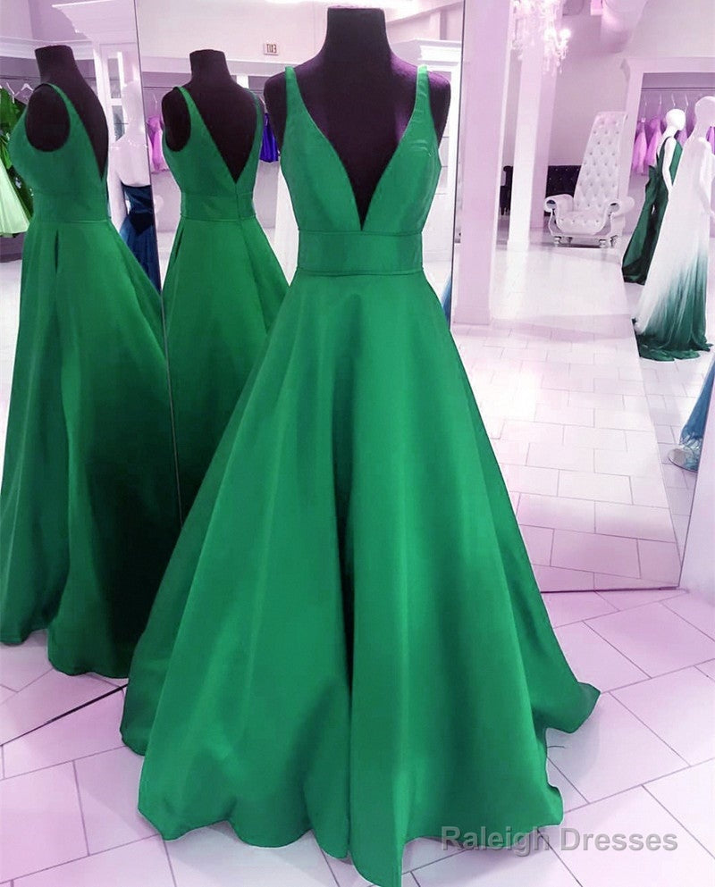 Deep V-Neck Long Satin Floor Length BallGown Prom Dress