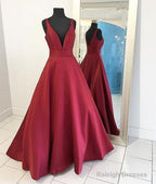 Deep V-Neck Long Satin Floor Length BallGown Prom Dress