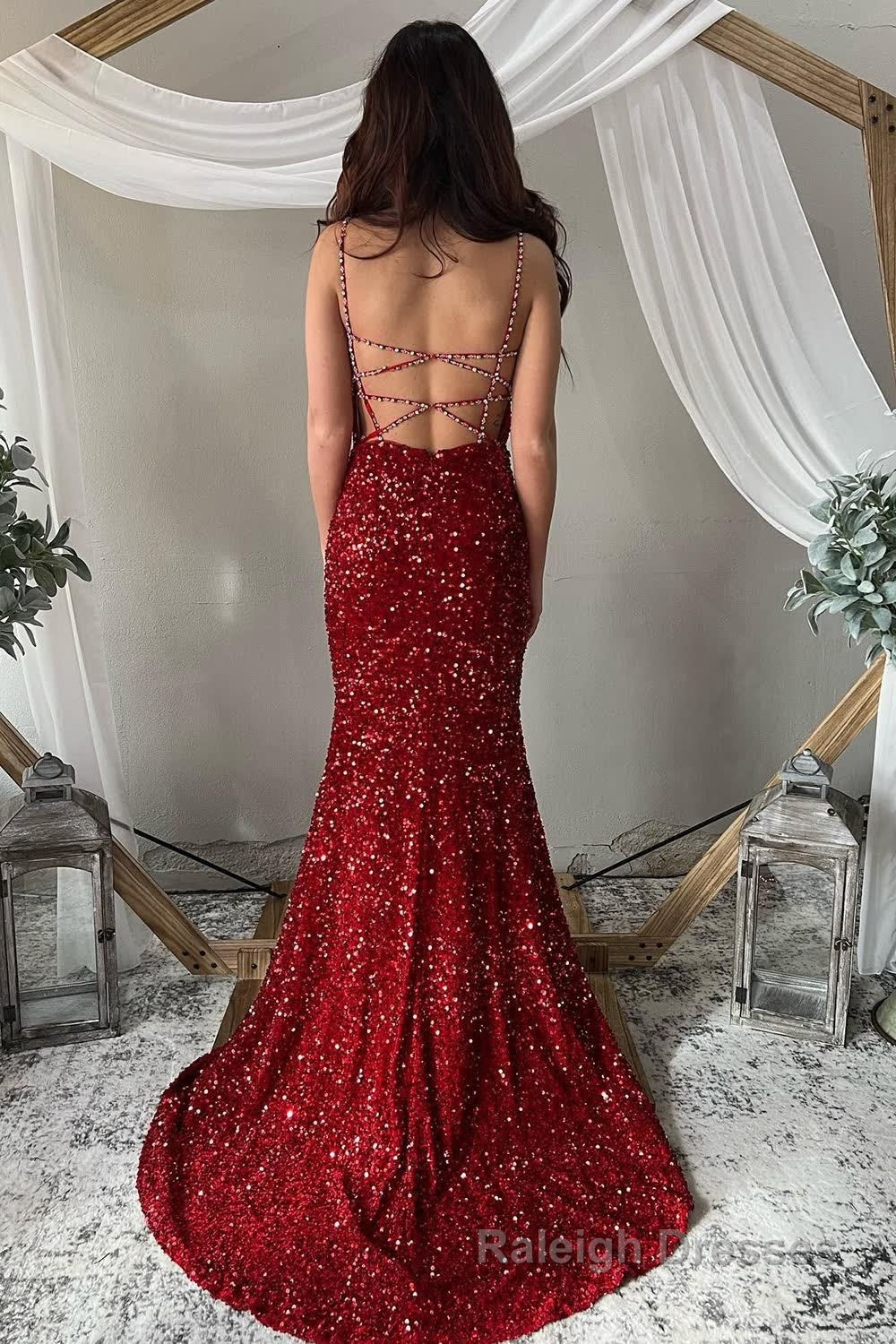 Deep V Neck Mermaid Sparkly Burgundy Sequins Long Prom Dress Secondary image