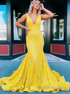Deep V Neck Pink Sequins Mermaid Long Prom Dress