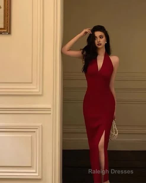 Deep V Neck Red Sheath Long Prom Dress With Slit Halter Evening Party Dress Main image