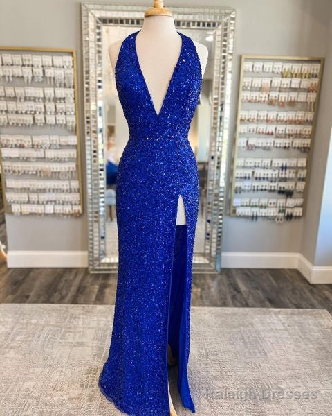 Deep V Neck Royal Blue Sequin Prom Dresses Mermaid With Tulle Train