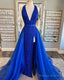Deep V Neck Royal Blue Sequin Prom Dresses Mermaid With Tulle Train