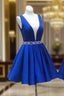 Deep V Neck Royal Blue Short Satin Prom Dresses, Royal Blue V Neck Short Formal Homecoming Dresses
