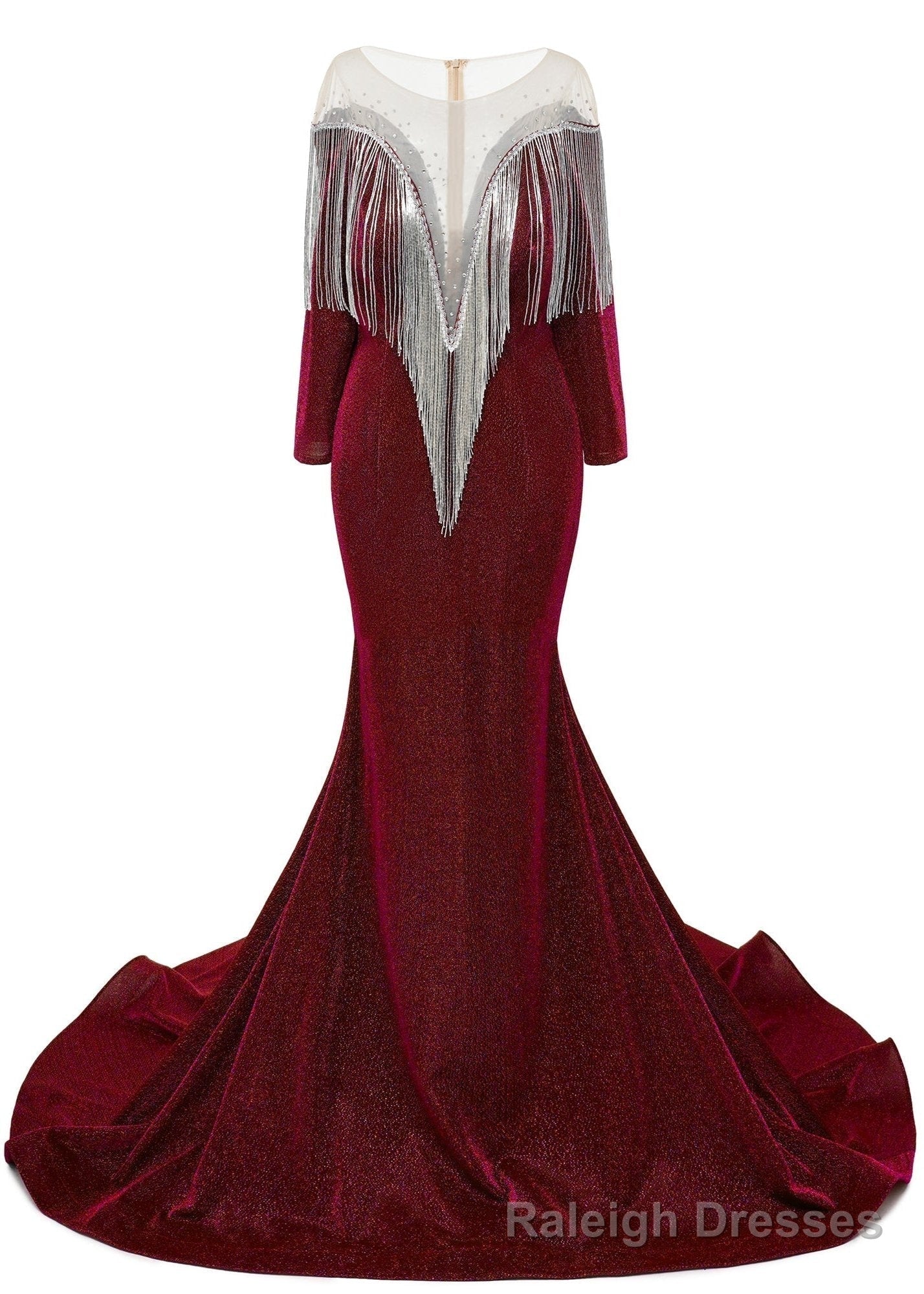 Deep V-neck Shiny Burgundy Prom Dresses Long sleeves Mermaid Evening Party Dresses Main image