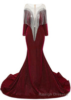 Deep V-neck Shiny Burgundy Prom Dresses Long sleeves Mermaid Evening Party Dresses