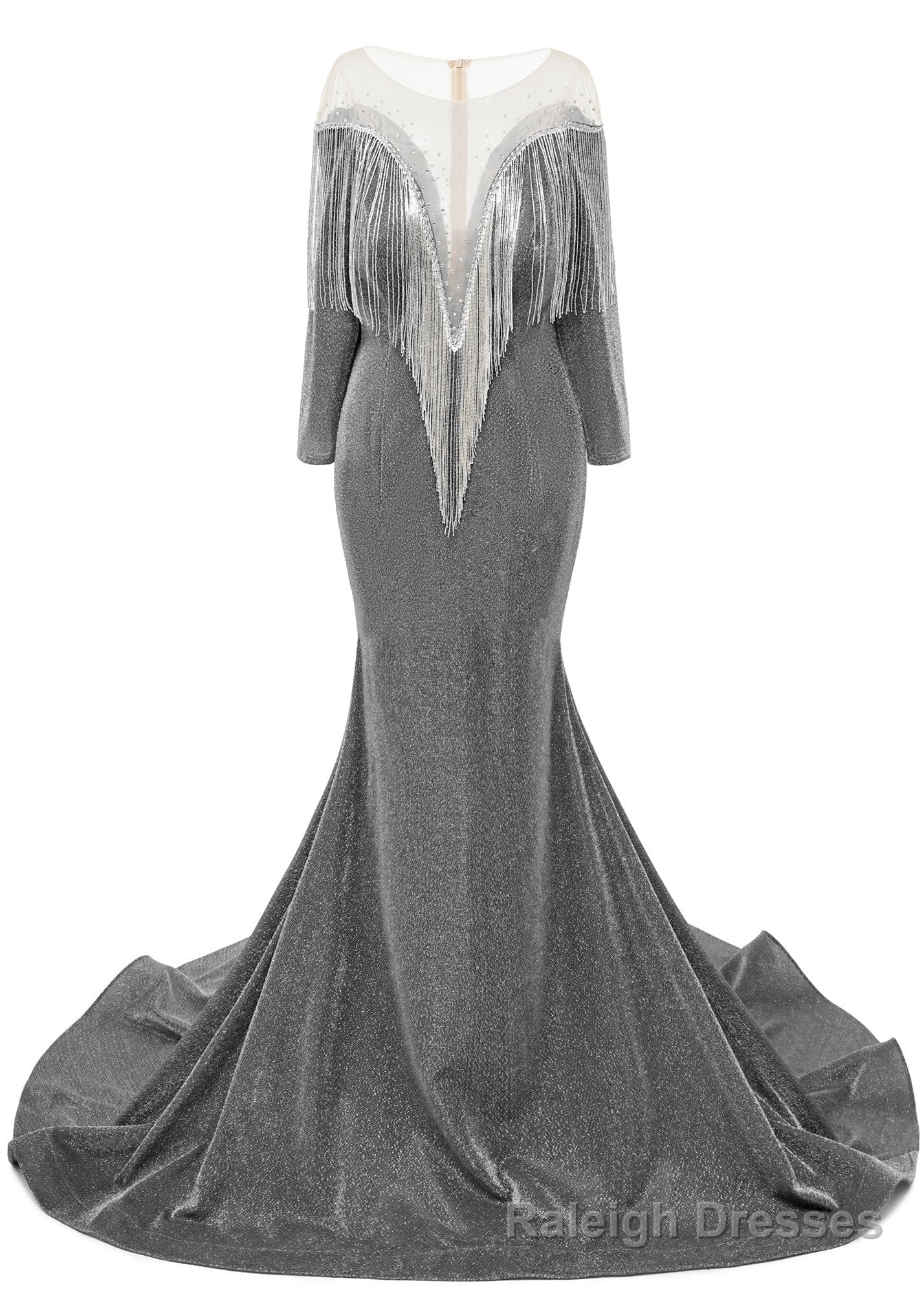 Deep V-neck Shiny Gray Prom Dresses Long sleeves Mermaid Evening Party Dresses Main image